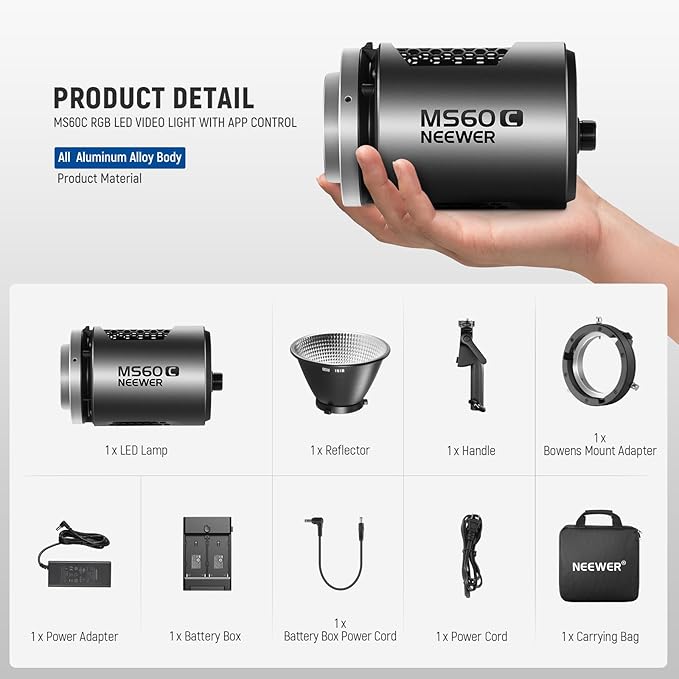 NEEWER MS60C RGBWW LED Video Light with 2.4G/APP Control, 65W Metal Mini RGB COB Continuous Output Lighting Bowens Mount Handheld Spotlight 2700K-6500K,8300lux/1m, CRI 97+/TLCI 98+,17 Effects + RGBCW