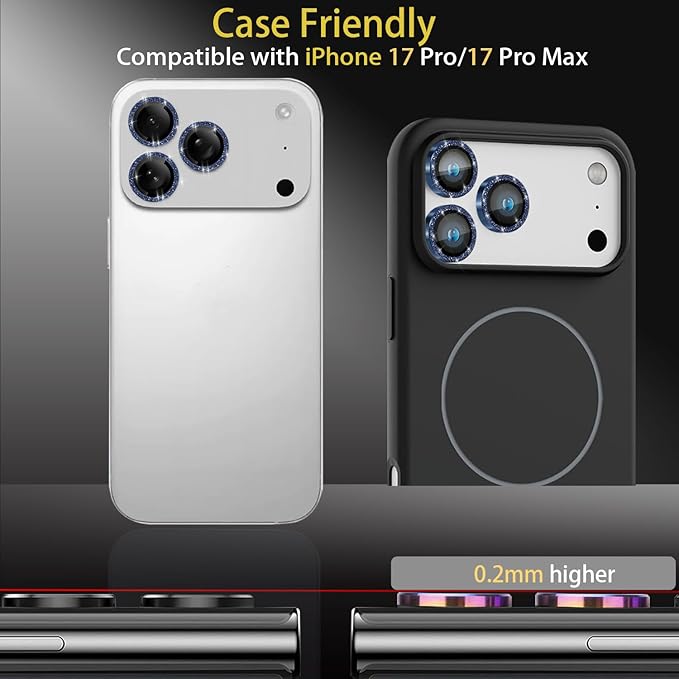 Camera Lens Protector for iPhone 17 Pro/17 Pro Max, Aluminum Alloy Tempered Glass Lens Protector with Installation Frame Fits for iPhone 17 Pro/17 Pro Max (Glitter Dark Blue)