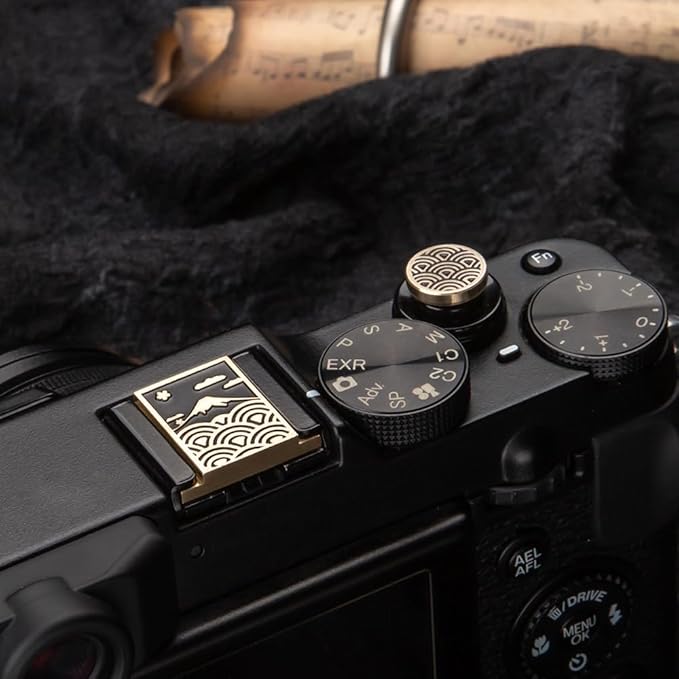 DBZZ Wave Pattern Camera hot Shoe Cover Camera Shutter Button for Fujifilm X-T50 X-S20 X-S10 X-T4 XT30 for Nikon Z6iii Z7 Z30 Z50 ZF (Brass YH Set)