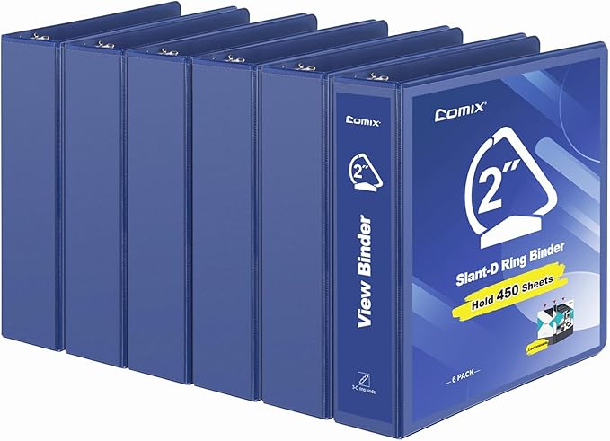 COMIX Sturdy 3 Ring Binder 2 inch with Clear View Cover, 2" Slant-D Ring View Binder Holds 500 Sheets of US Letter Size Paper, 6 Pack (Blue)