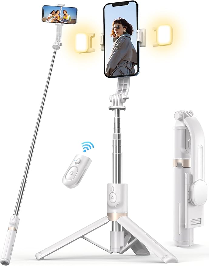45'' Selfie Stick with Light, Travel Tripod Essentials with Wireless Remote, Portable Cell Phone Tripod Stand, Beach Cruise Ship Essentials for Family, Compatible with 4-7.2" All Smartphone