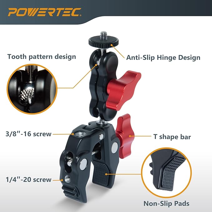 POWERTEC Super Clamp Camera Mount 360° Double Ball Head Adapter with GoPro/Phone Tripod Mount and Tripod Head for Bike, Desk, Mini Projector, Photography Lighting (71925)