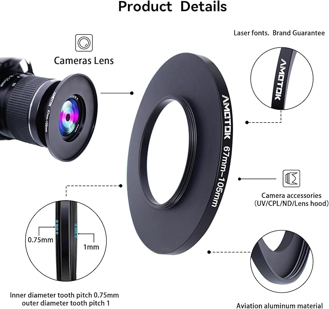 67mm Lens to 105mm Camera Lens Adapter,67mm-105mm Filter Step up Rings,Compatible All 105mm Filter Accessory.Made from CNC Machined