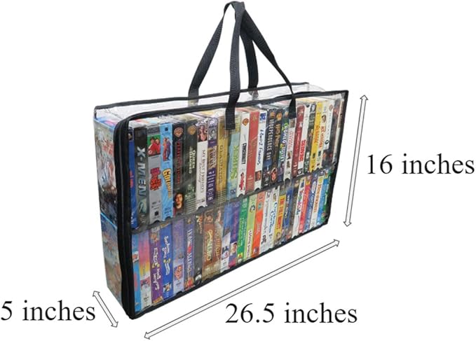 Evelots 2 Pack-VHS Movie Tape Storage Bag/Case, Clear PVC Plastic-Holds 100 Total, Strong Handles-No Dirt/Moisture/Dust