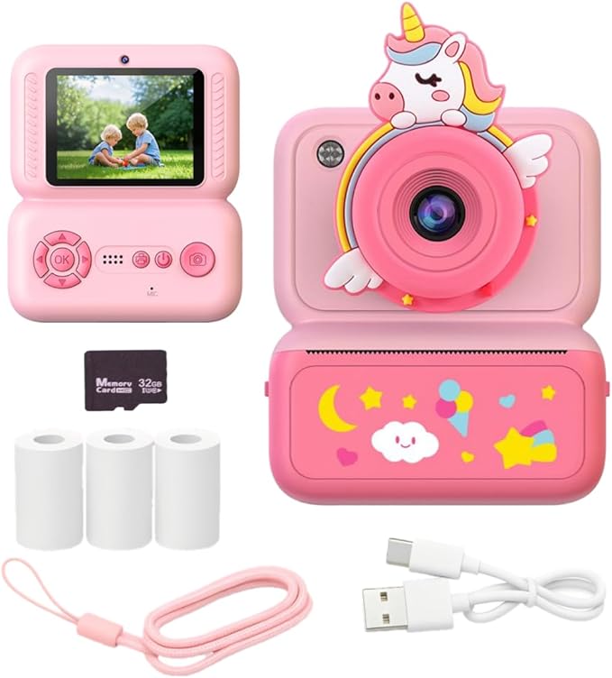 Kids Instant Print Camera, 2.4" HD Screen Instant Camera, Dual 3MP Kids Camera, 1080P Video, MP3 & Games, Includes Printing Paper & Lanyard, Gift for Boys & Girls (Pink-Black and White Printing)