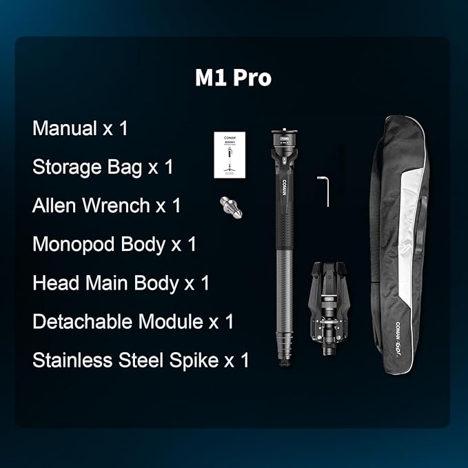 COMAN One-Click Lifting Carbon Fiber Monopod, M1 Pro Camera Monopod with Feet, 65'' Lightweight Travel Tripod with Quick Release Foot Lock for Camera, DSLR, Camcorder, Max Load 44lbs / 20kg (M1Pro)