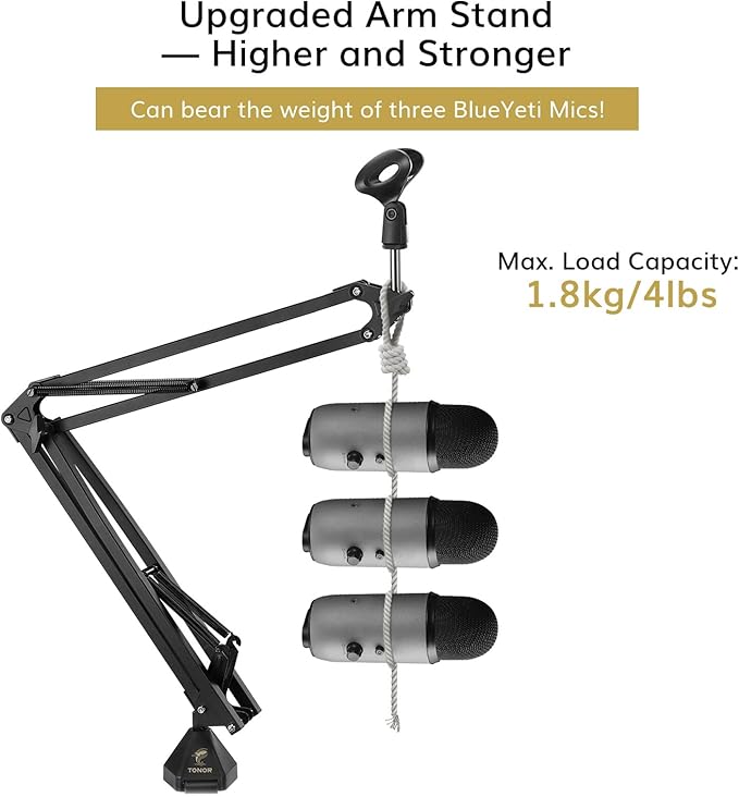 TONOR Microphone Arm Stand, Adjustable Suspension Boom Scissor Mic Stand with Pop Filter, 3/8" to 5/8" Adapter, Excellent Compatibility, Mic Clip, Upgraded Heavy Duty Clamp, 47cm+47cm, T30