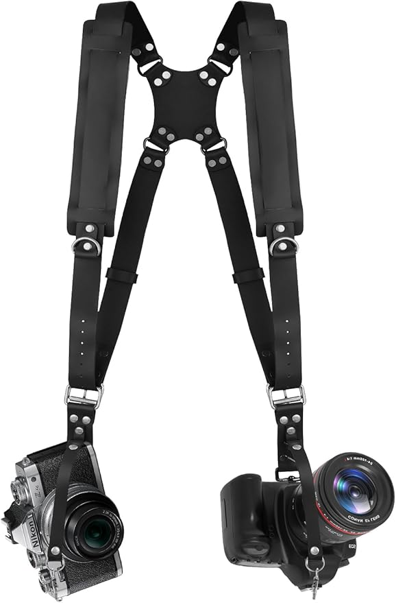 Bebaimis Dual Camera Harness Strap for Two-Cameras,Dual Shoulder Leather Camera Strap,Double Camera Harness for DSLR/SLR