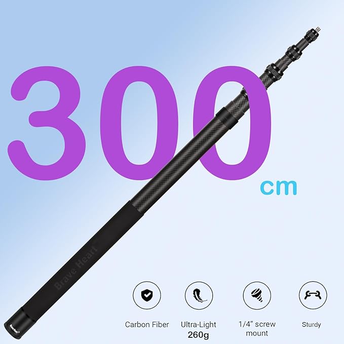 118 Inch/3m Carbon Fiber Invisible Extension Selfie Stick for Insta360 Insta 360 X5/X4/X3/X2/ONE RS Action Camera Accessories
