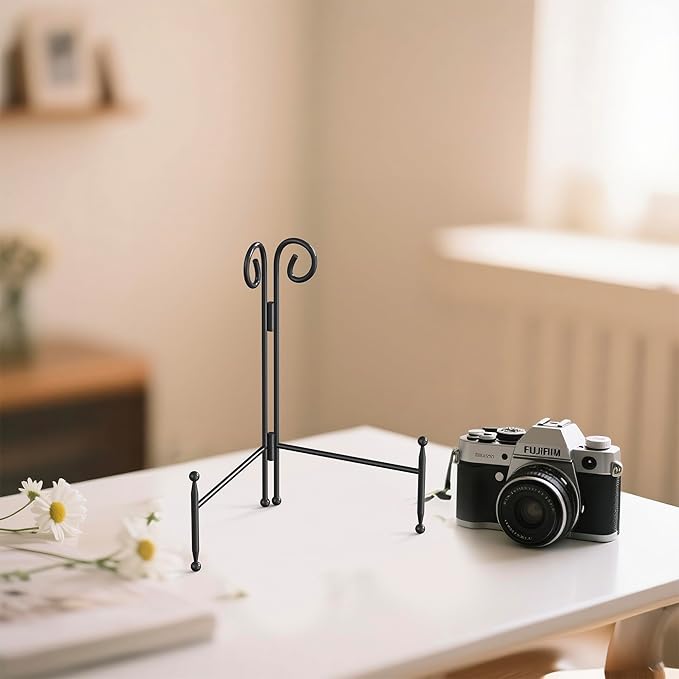 HEMYLU Display Stand for Plate, Foldable Metal Plate Stand for Table, Decorative Easel Holder for Picture Frames, Photos, Wedding Cards, Sign Posters, Cavas, 10-inch Black 2-Pack