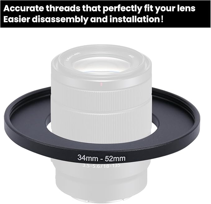 Metal Step Up Ring Filter Adapter - 34mm to 52mm - Metal Ring Step Up Rings Adapter Filter Compatible with All 52mm UV, CPL, ND, Lens Hood, Threaded Lens ect