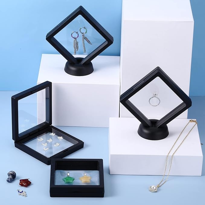 60 Pcs 3D Floating Display Case PE Film Jewelry Storage Box Coins Display Frame Holder Stands for Antique Challenge Coins, Medallion Shells Gems Rocks Pins (Black,3.5 Inch)