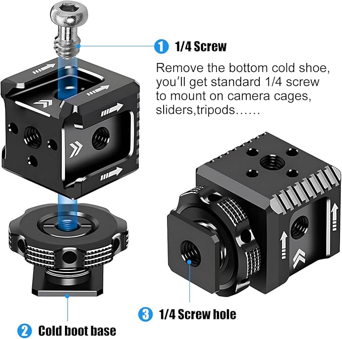 3 Port Cold Shoe Mount Adapter with 1/4"-20 Thread for Camera Cage Flash LED Monitor Microphone, Aluminum Camera Triple Cold Shoe Extension Hot Shoe Mount Adapter Compatible with DSLR/SLR Camera