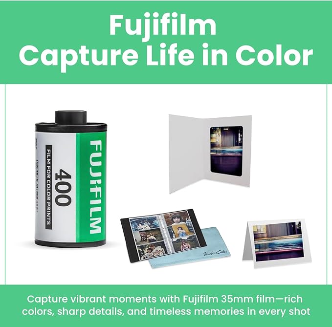 FUJIFILM 400 Color Negative Film (35mm Roll Film, 36 Exposures, 3-Pack) + BluebirdSales Photo Album, Photo Frames (10 Frames) + Microfiber Cleaning Cloth
