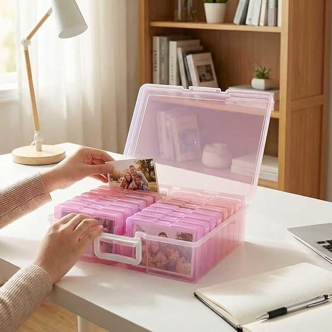 novelinks Transparent 4" x 6" Photo Cases and Clear Craft Keeper with Handle, 16 Inner Photo Organizers & Photo Storage Box, Plastic Photo Storage Containers (Pink Gradient)