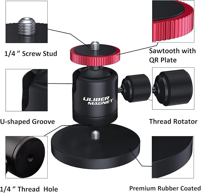 ULIBERMAGNET 60lb Magnetic Camera Mounting Base with Mini Ball Head, Super Strong Rubber Coating Neodymium Magnet with 1/4’’-20 Male Thread Stud for Security Camera.