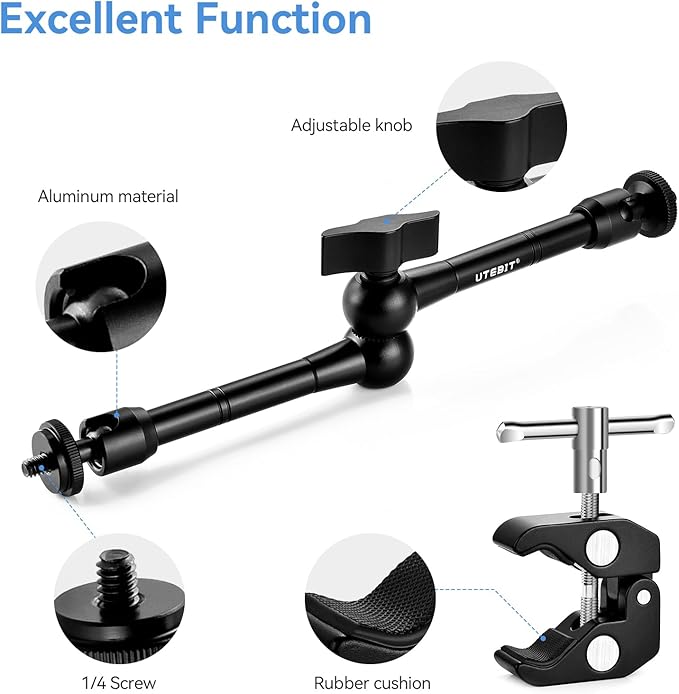 UTEBIT 11" Adjustable Magic Arm with Super Clamp, 360° Ball Heads with ARRI 1/4" & 3/8" Thread Screw for Flash/LED Light/Microphone/Monitor, Compatible with SmallRig Camera Cage, Max Load: 4.4lb/2kg