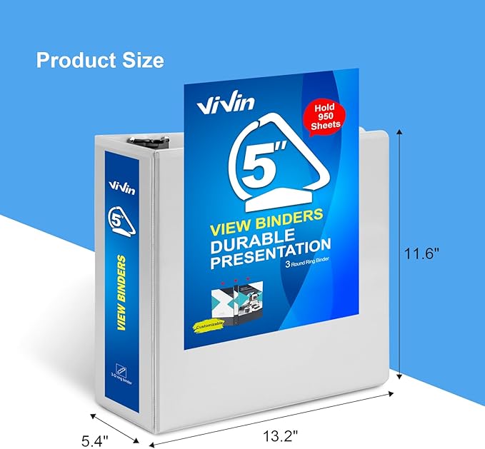 ViVin Durable 5 inch D Ring View Binder, Large 5" Slant-D Ring with 950-Sheet Capacity, Fit 8.5" x 11" Paper, 6 Pack(White)