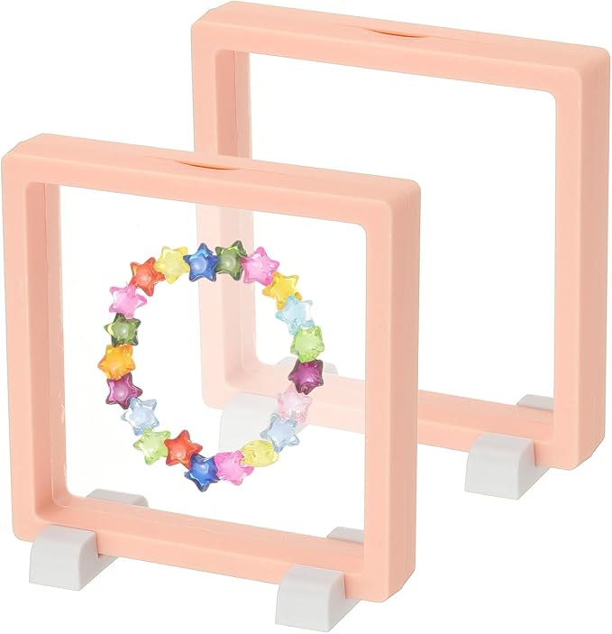 PATIKIL 2Pcs Floating Display Case, 4.3 Inch Jewelry Display Case Stand Challenge Coin Holder Frames Transparent Small Storage Box 3D for Necklace Bracelets Pendants, Pink/White
