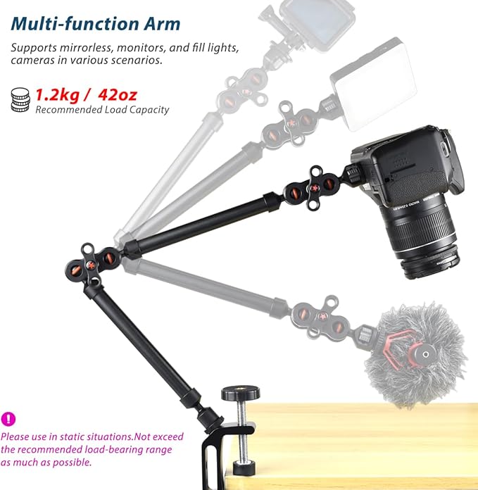 21"/53cm Adjustable Magic Arm with Super Clamp, Overhead Phone Mount, Heavy Duty Desk Camera Mount & Clamp,Flexible Joints Articulating Friction Arm for Light, Webcam, Mic, Action Camera