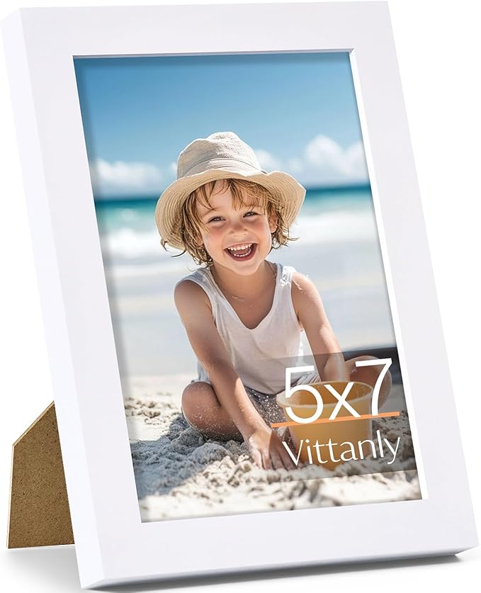 Vittanly 5x7 Picture Frame, Made of Solid Wood and Shatterproof Plexiglass, Wooden Photo Frame for Wall Mounting or Tabletop Display, Picture Frame for Home Decor with Stand, White, 1 Pack