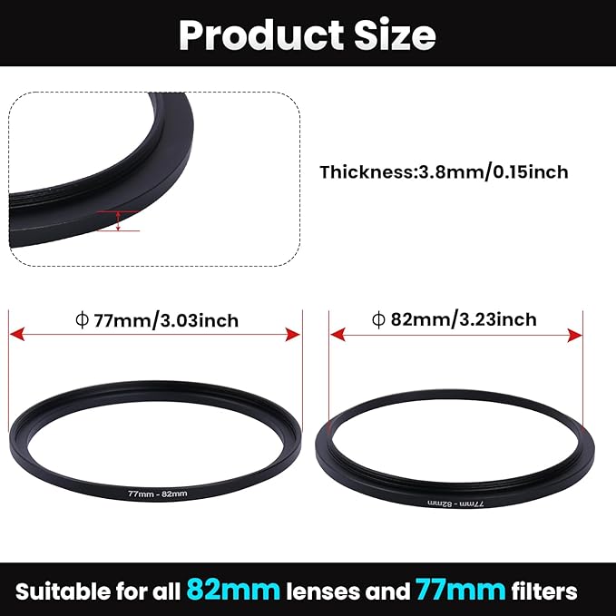 Metal Step Up Ring Filter Adapter - 77mm to 82mm - Metal Ring Step Up Rings Adapter Filter Compatible with All 82mm UV, CPL, ND, Lens Hood, Threaded Lens ect