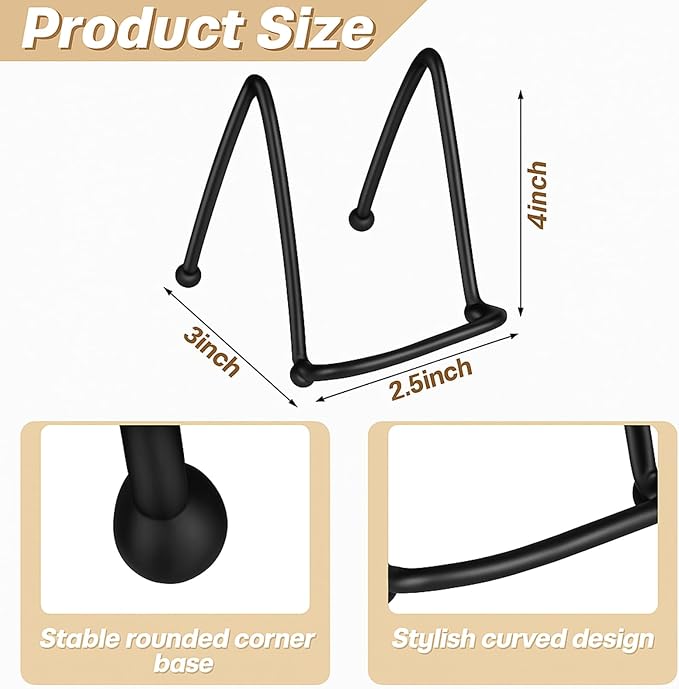 RattanView 4 Pcs 4 Inch Small Plate Holder Display Stands Mini Metal Black Frame Stand for Picture, Book, Photo Easel, Creation, Collectibles Square Wire Plate Stands for Display Mobile Phone