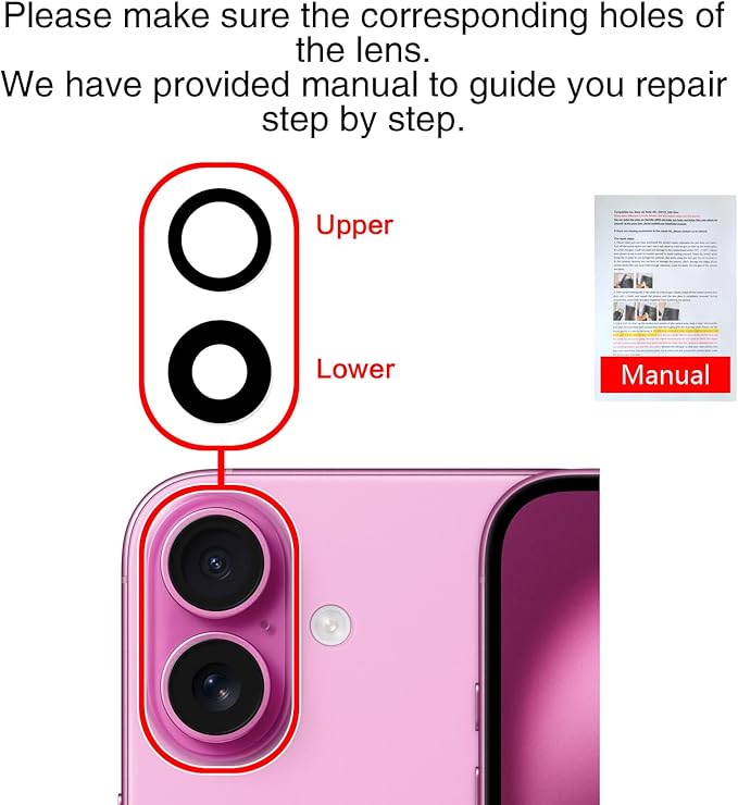 ASDAWN Back Rear Camera Lens Glass Replacement for iPhone 16 6.1 inch and 16 Plus 6.7 inch with Pre-Installed Adhesive, Back Lens Glass with Installation Manual + Repair Tool Set