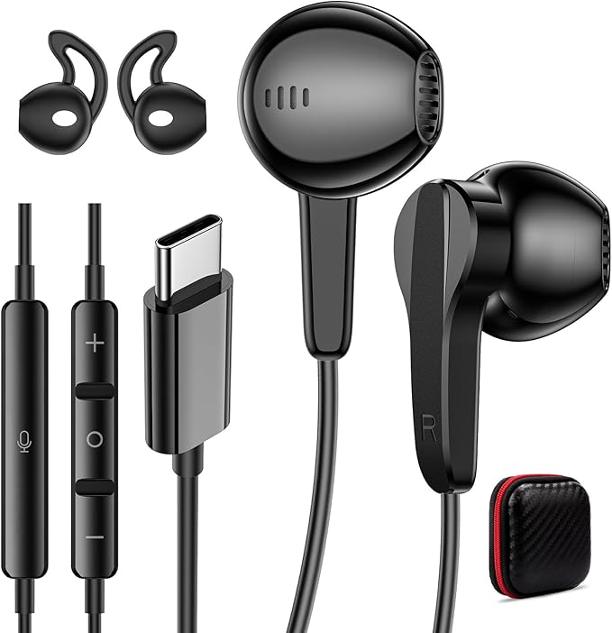 iMangoo for Apple/Android Wired Headphones USB C Earbuds HiFi Sound Earphones with DAC Chip with Microphone for iPhone 17 Air 16 15 Pro Max, Type C Ear Buds USBC Headset for Samsung S26 S25 S24 Black