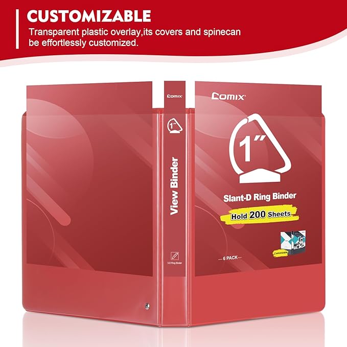 COMIX Sturdy 1 Inch Binders 3 Ring with Clear View Cover, 1" Slant-D Ring View Binder Holds 225 Sheets of US Letter Size Paper, 6 Pack (Red)