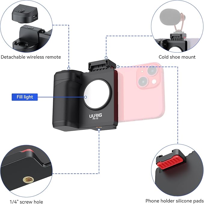 UURIG PH-14 Smartphone Camera Shutter Handle Grip w Detachable Wireless Bluetooth Remote Control,Three-Gear Adjustable Fill Light for iPhone Samsung Google OnePlus Phones Video/Photo Shooting
