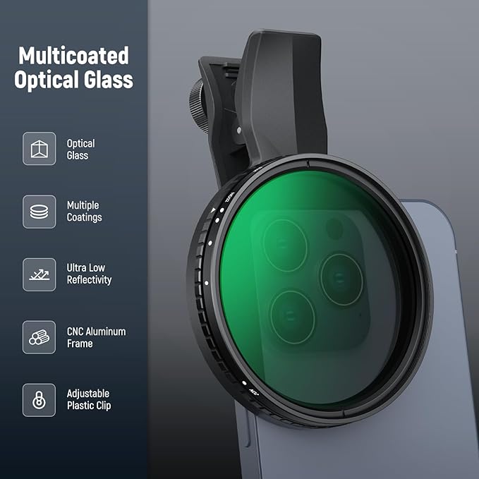 NEEWER 67mm Variable ND Filter Compatible with iPhone, Clip On ND2-32 Neutral Density Phone Lens Photography Accessories Kit Compatible with iPhone 17 16 15 Pro Max Plus 16e 14 13 mini, FL-B25