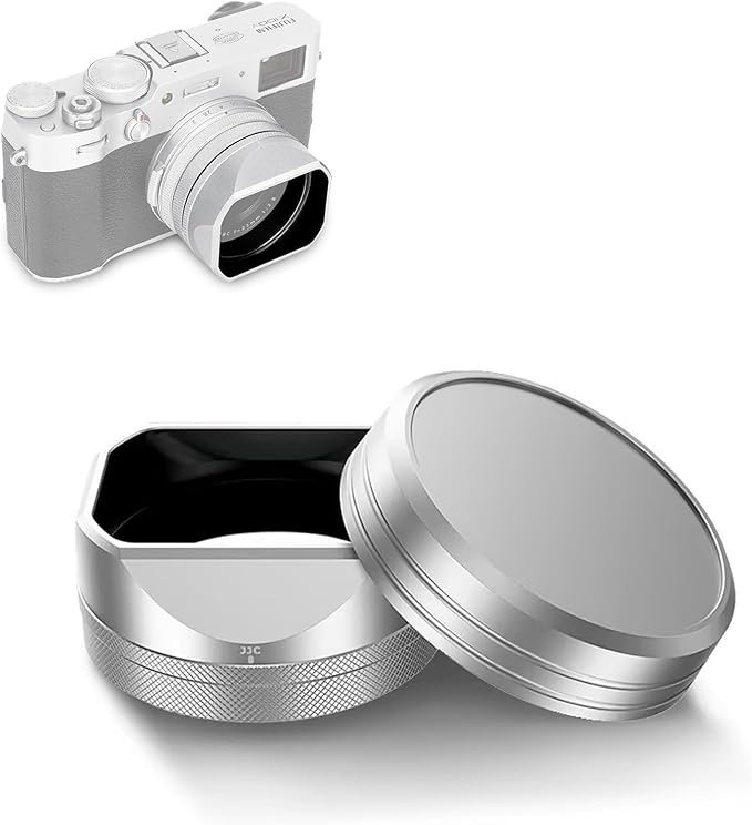 JJC Lens Hood for Fujifilm X100VI X100V Camera Accessories, Square Metal Lens Hood with 49mm Filter Adapter Ring and Cap Replaces Fuji LH-X100, Prevents Glare and Eliminates Vignetting (Silver)