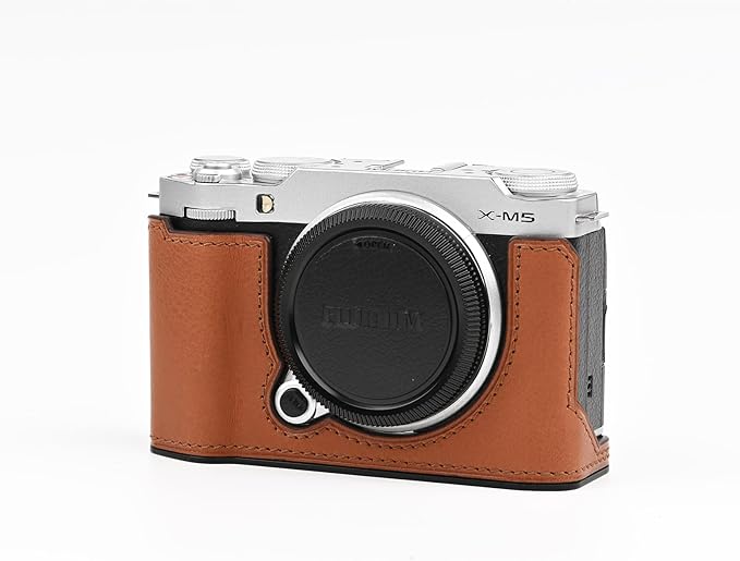 Uchandmade Handmade Genuine Leather Camera Half Case for Fujifilm X-M5/Fujifilm X-M5 Camera Case/Fujifilm X-M5 Case - Top Layer Cowhide Body + Metal Base Plate (Brown-m-box)