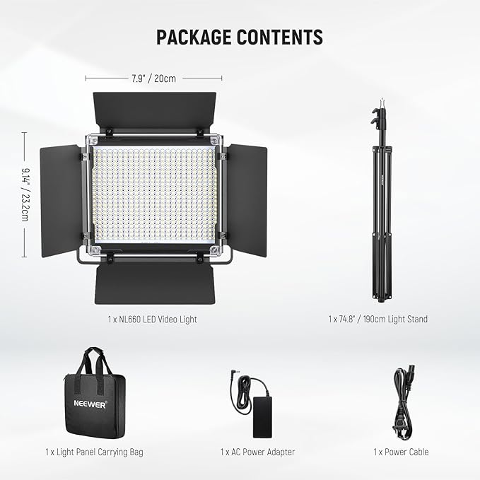 NEEWER Bi Color LED Studio Light with Tripod Stand Barndoors, Video Panel Key Lighting for Video Recording Streaming Photoshoot Photography, 660 LEDs 3200K-5600K 3300lx/1m Dimmable CRI96+, NL660