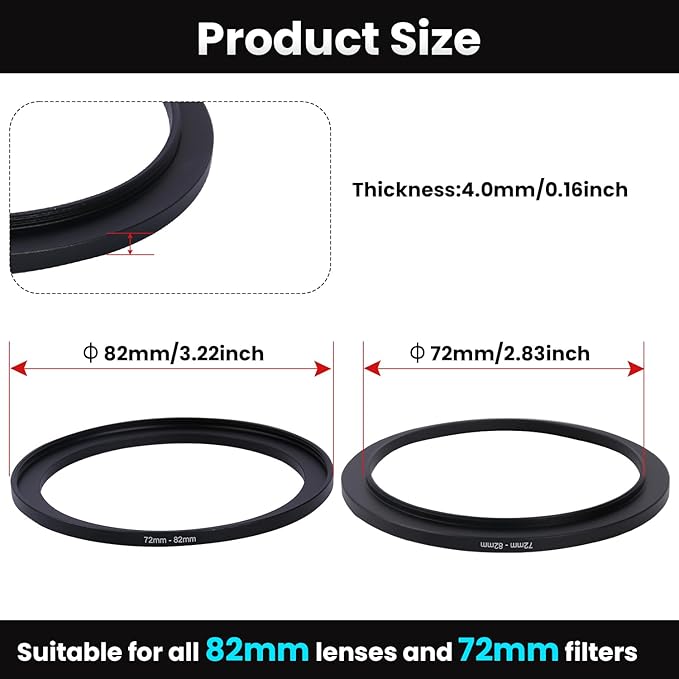 Metal Step Up Ring Filter Adapter - 72mm to 82mm - Metal Ring Step Up Rings Adapter Filter Compatible with All 82mm UV, CPL, ND, Lens Hood, Threaded Lens ect
