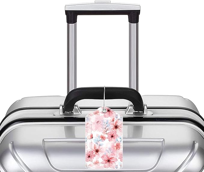 (Set of 2) Luggage Tag Leather Privacy Cover ID Label Address Card with Stainless Steel Loop, Travel Bag Tags Suitcase Labels, Misty Pink