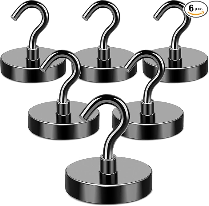 MIKEDE Magnetic Hooks Heavy Duty, 170LB+ Strong Black Magnets Hooks for Refrigerator, Rare Earth Neodymium Hooks with Epoxy Coating, Cruise Magnets with Hook for Hanging, Garage - 6 Pack