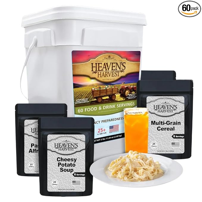 Heaven’s Harvest 25-Year Family Food Kit — Emergency Food Supply. Freeze Dried Survival Food Kit + Water-Proof 25-Year Storage Bucket. MRE Meals/Non-Perishable & Perfect Camping Food (60 Servings)