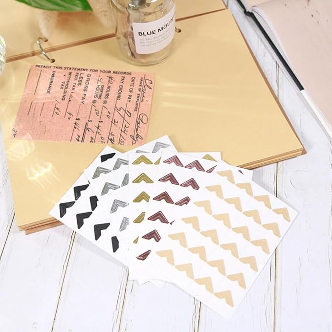GOONAVI 15 Sheets 360 Pcs Acid-Free Photo Corners, Self-Adhesive Mounting for Wedding Scrapbook Supplies, DIY Photo Album, Journal, Guest Book, Memory Book (Gold)