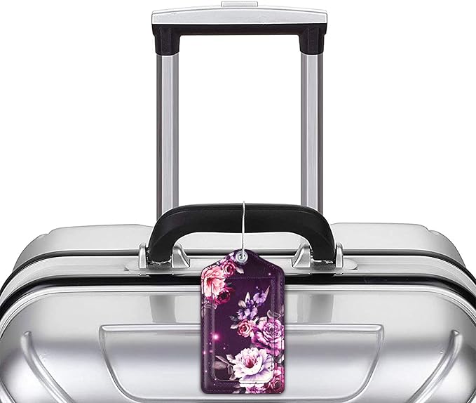 (Set of 2) Luggage Tag Leather Privacy Cover ID Label Address Card with Stainless Steel Loop, Travel Bag Tags Suitcase Labels, Purple Flowers