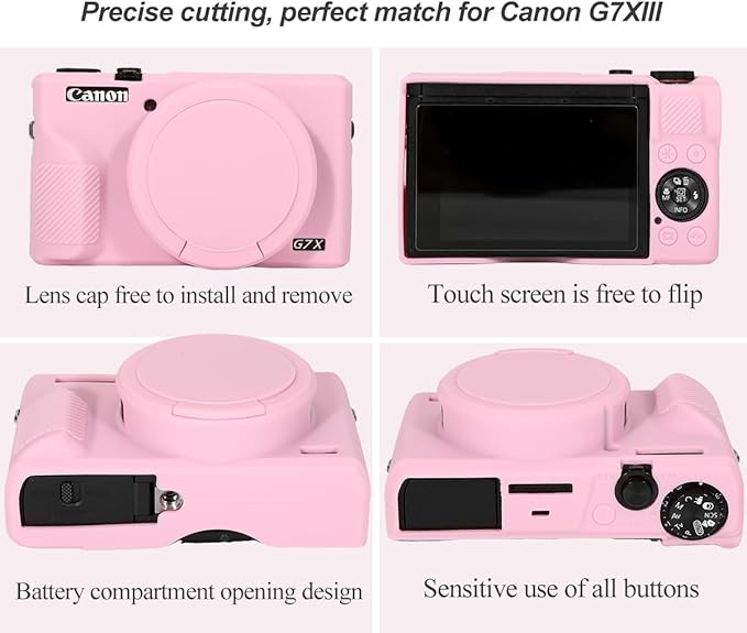 Pocoukate Case for Canon G7X Mark III Camera, Soft Silicone Protective Cover Skin with Removable Lens Cover for Powershot G7X Mark iii, Silicone Case with G7X3 Screen Protector Accessories - Pink
