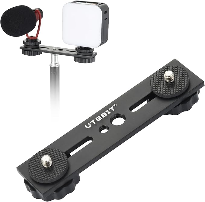UTEBIT 5 inch Flash Bracket, Long Dual Camera Mount Flash Bracket Extension Bar with 1/4“ Hot Shoe, Straight Flash Brackets 1/4-3/8 Thread Hole Tripod Mount for Camera/LED Light/Microphone