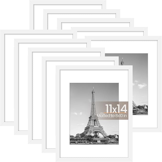 upsimples 11x14 Picture Frame Set of 10, Display Pictures 8x10 with Mat or 11x14 Without, Multi Photo Frames Collage for Wall Display, White