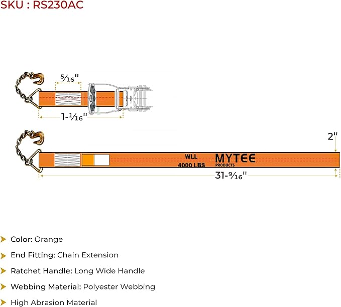 Mytee Products 2" x30' Orange Ratchet Strap with Chain Anchor - 4000 Lbs WLL High Abrasion Heavy Duty Tie Down Cargo Truck Straps with Chan Anchor for Flatbed, Truck, Trailers, Pickup