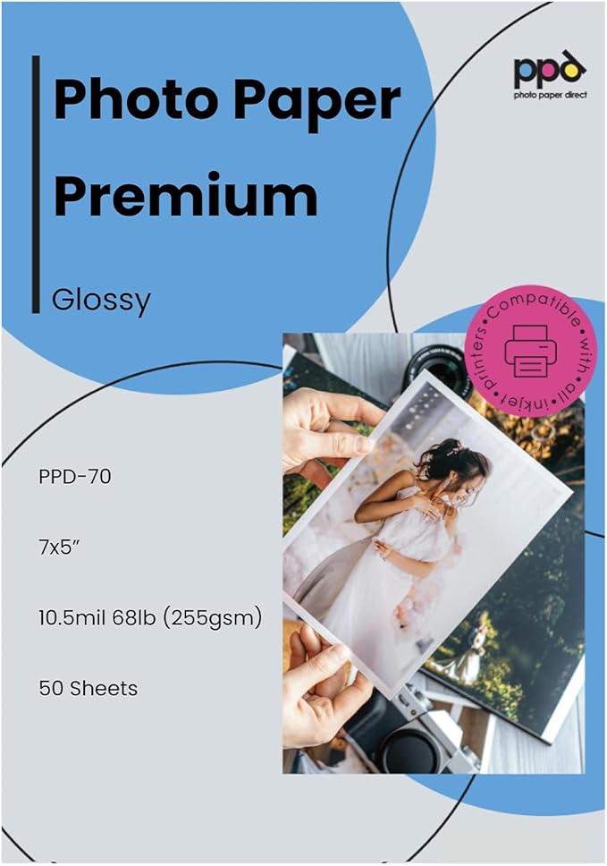 PPD Glossy Photo Paper for Inkjet Printer, 5 x 7" Premium Quality Printable Sheets for Custom Picture, Professional Photographic Instant Dry For with Normal, Dye or Pigment Ink (100 Pack/280 gsm)