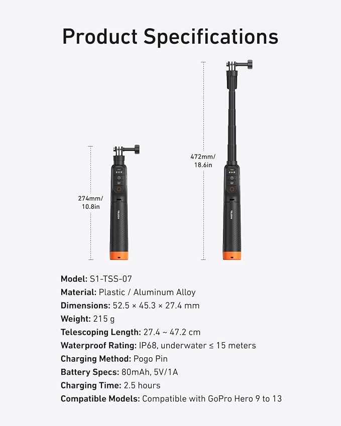 TELESIN Bluetooth Floating Selfie Stick Tripod for GoPro Hero 13/12/11/10/9, Waterproof Extendable Pole 3-in-1 Hand Grip Tripod with Signal Booster, 15M Diving Stick for Surfing, Snorkeling, Vlogging