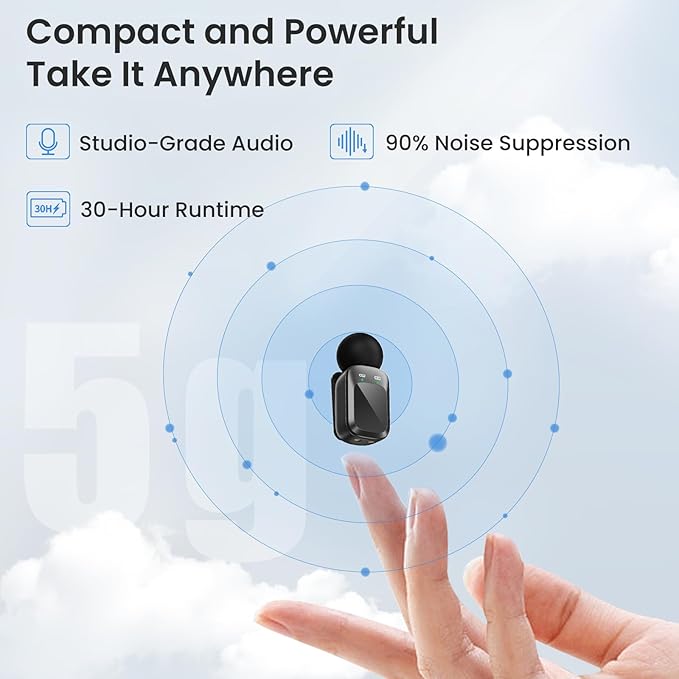 Mini Microphone, Ultra-Light Wireless Microphone for iPhone/Android, 30H Battery Life with Charging Case, 48kHz/24bit, Noise Cancellation for Vlogging, Streaming