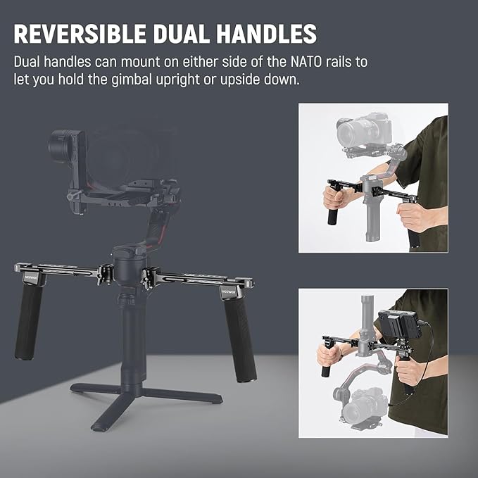 NEEWER Dual Handgrip Compatible with DJI RS5 RS4 RS4 Pro RS3 RS3 Pro RS2 RSC2 Ronin S SC Gimbal, Dual Handle Kit with 2 Mini NATO Rails, Quick Release NATO Clamps, 1/4" & 3/8" Threads, GA006