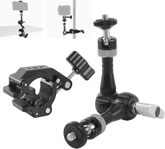 FIFIELD CNC Machined 7" Articulating Magic Arm Clamp Mount with Super Clamp, 360° Dual Ball Head & 1/4" ARRI Locating Pin&Holes, Camera Monitor Mount for Camera, Phone, LED Light, Phone,7" w/Clamp